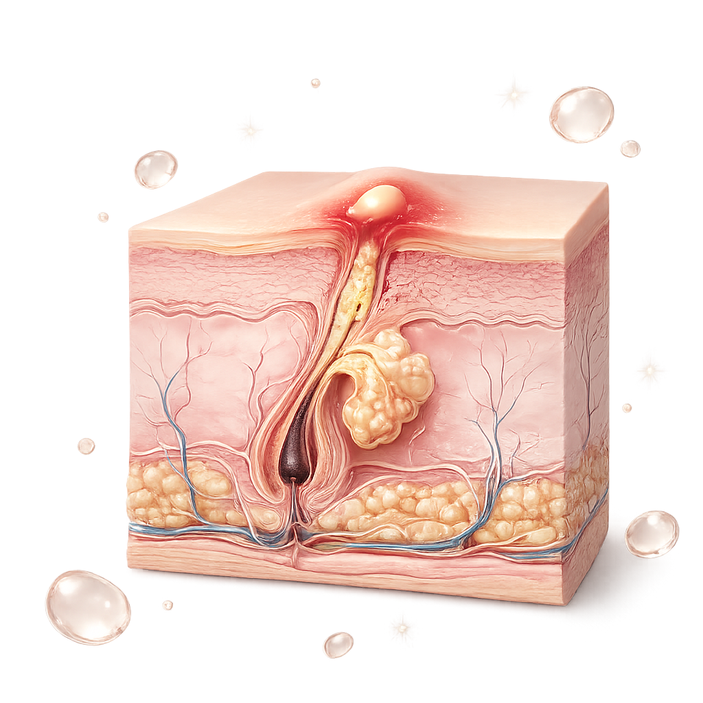 Illustration showing a clogged pore causing acne
