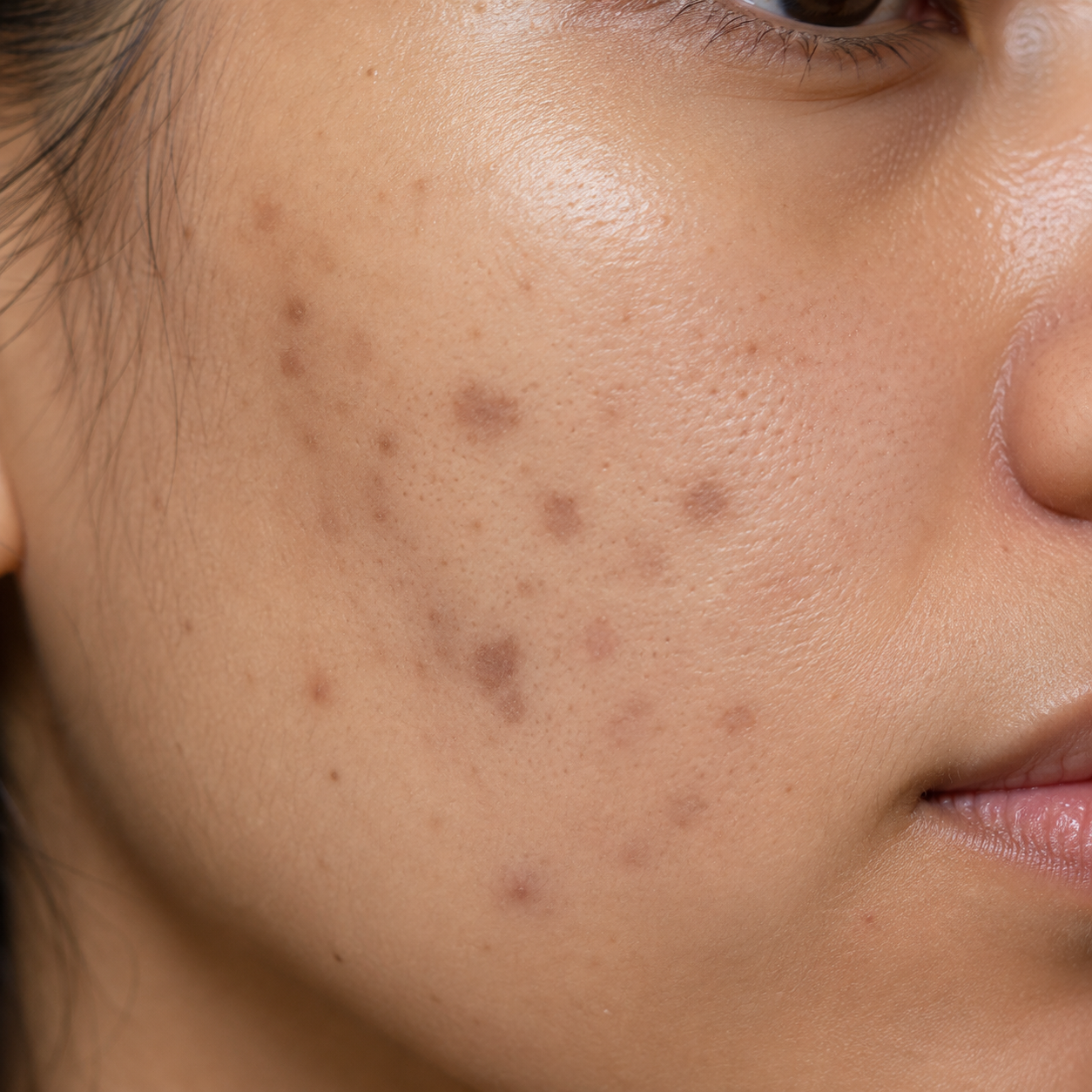 Flat dark marks representing post-inflammatory hyperpigmentation