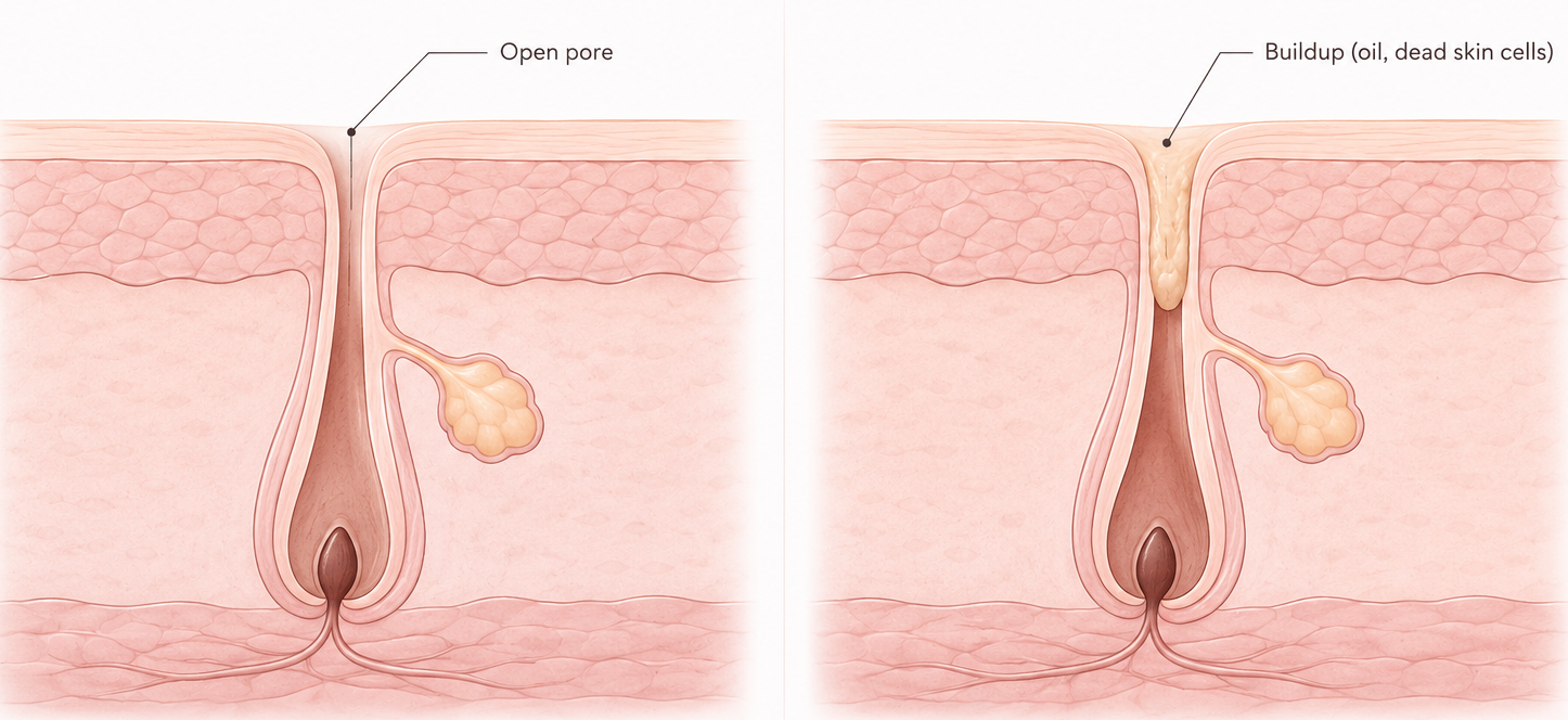 Illustration showing a healthy pore and a clogged pore