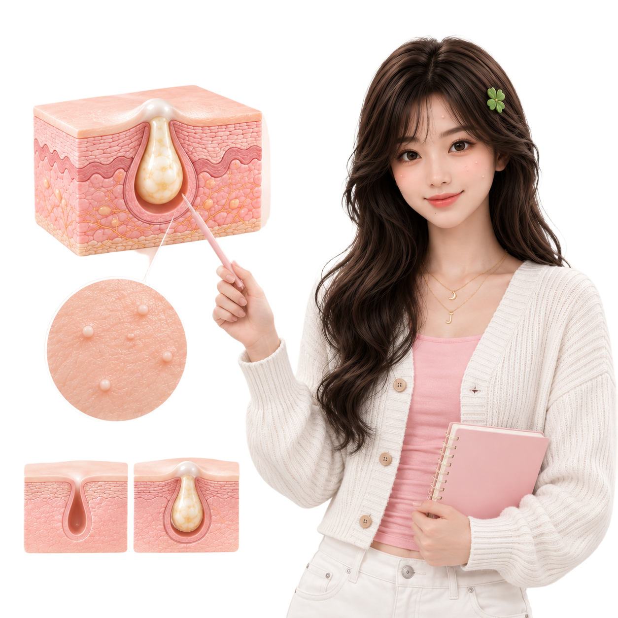 Mimii explaining closed comedones with floating skincare illustrations
