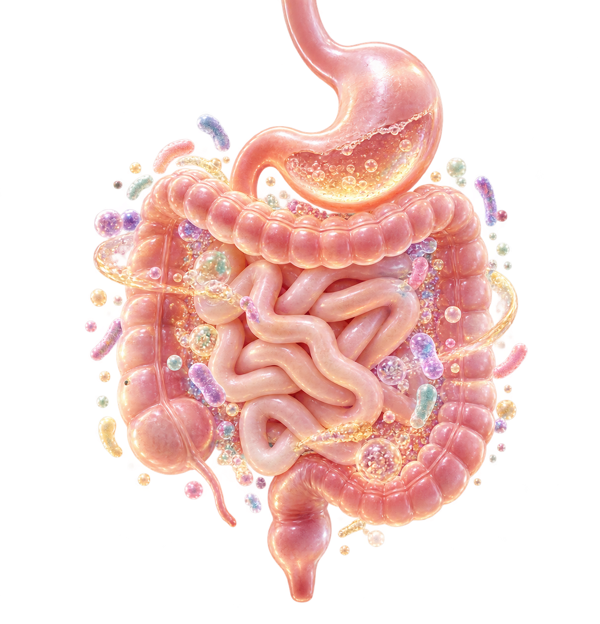 Illustration of the digestive system and gut microbiome