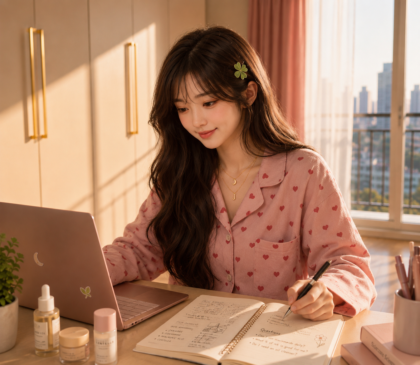 Ask Mimii workspace with skincare products and laptop