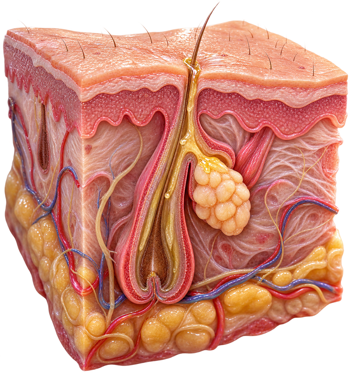 Illustration showing the structure of a pore, hair follicle, sebaceous gland, and pore opening