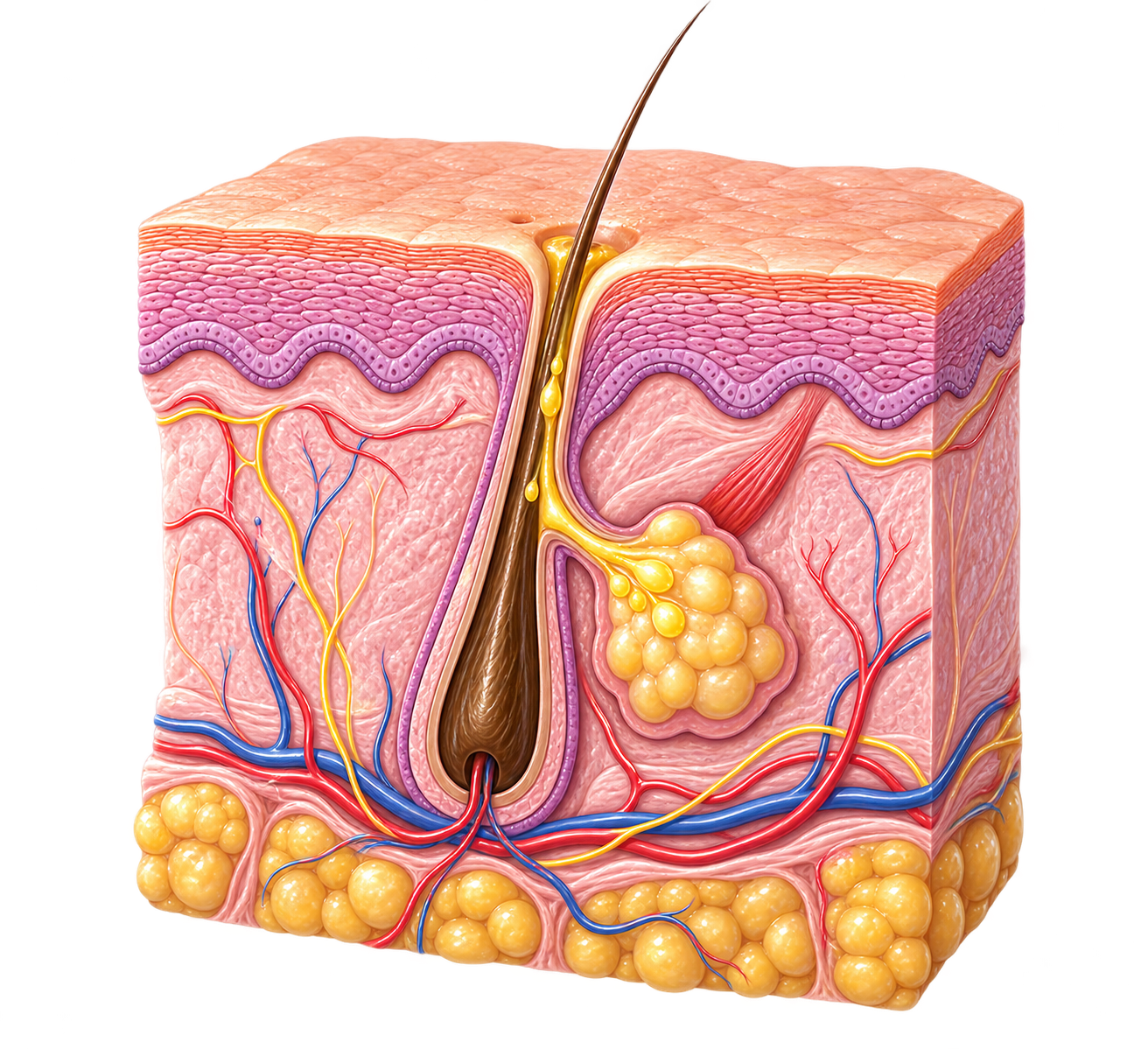 Illustration showing a pore connected to a hair follicle and sebaceous gland