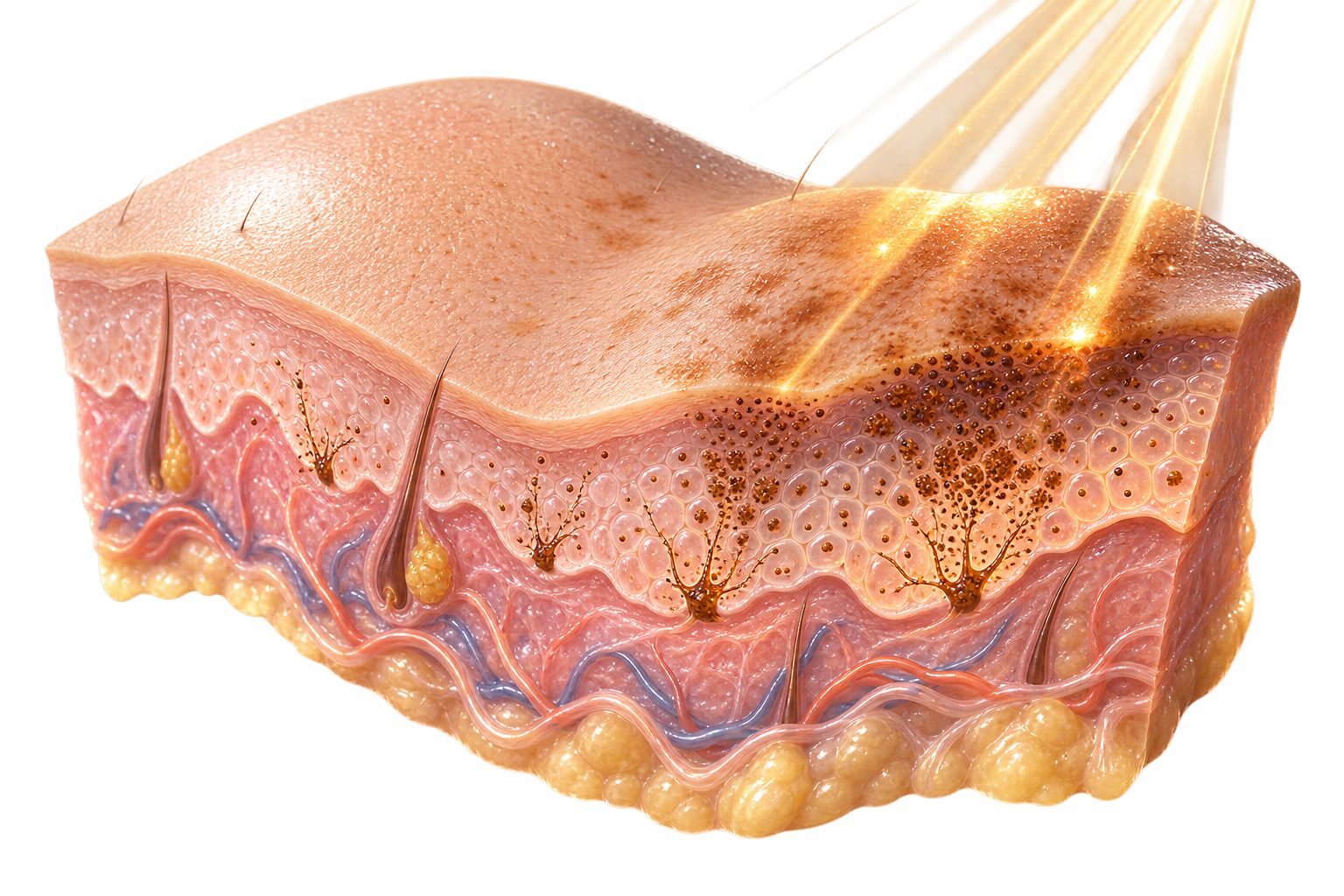 Illustration showing sun damage and skin aging